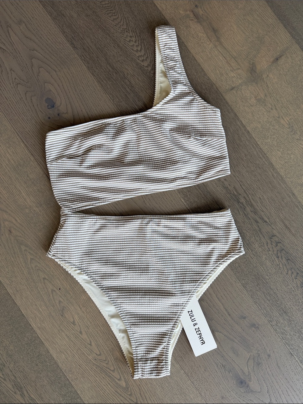 Zulu & Zephyr Cocoa Stripe Swim One Shoulder Suit